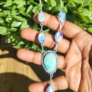 Multi Gemstone Necklace  / Dominican Larimar / Flashy Rainbow Moonstone Necklace